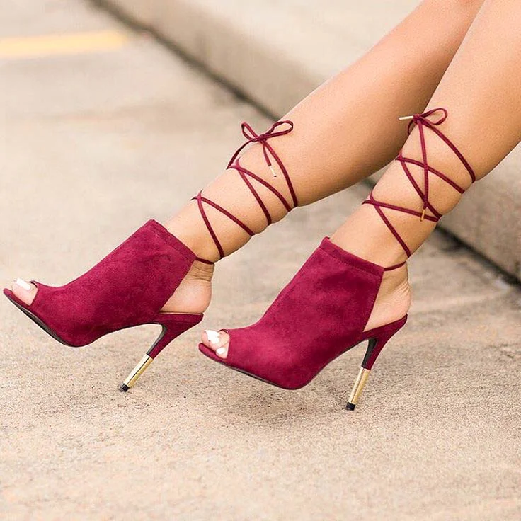 Burgundy Stiletto Heel Slingback Summer Boots with Peep Toe and Strappy Design Vdcoo