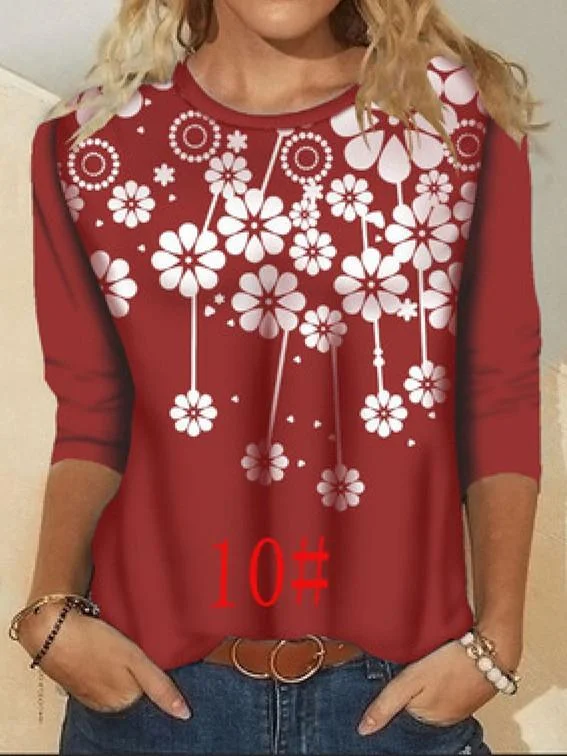 Women Long Sleeve Scoop Neck Floral Printed Graphic Top
