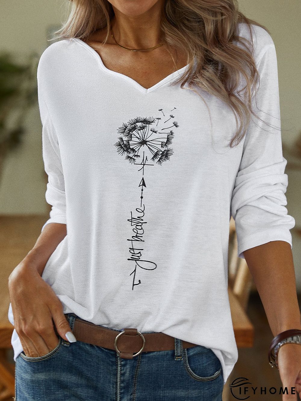 Casual Autumn Dandelion V neck Micro-Elasticity Loose Jersey Long sleeve H-Line Top for Women | IFYHOME