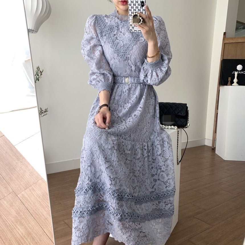 Women Vintage Spring Sweet Hollow Out Lace Long Dress Elegant Ladies Puff Sleeve Female Sexy Slim Sashes Party Dresses Vestidos