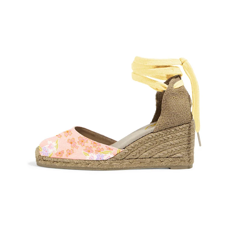 Pink Floral Print Espadrille Wedges Ankle Wrap Closed Toe Sandals |FSJ Shoes