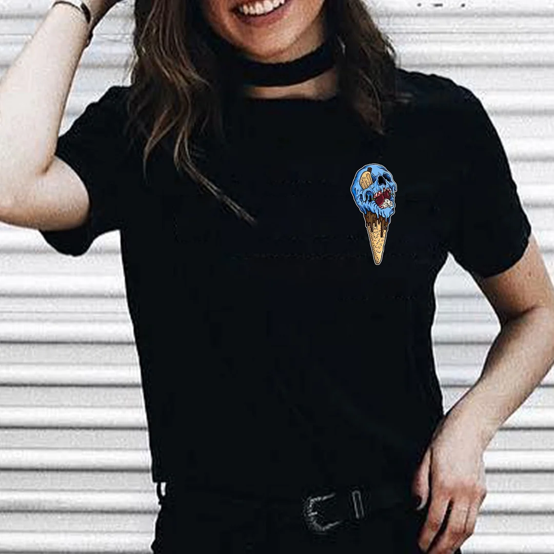 Blue Skull Ice Cream Black Print T-shirt
