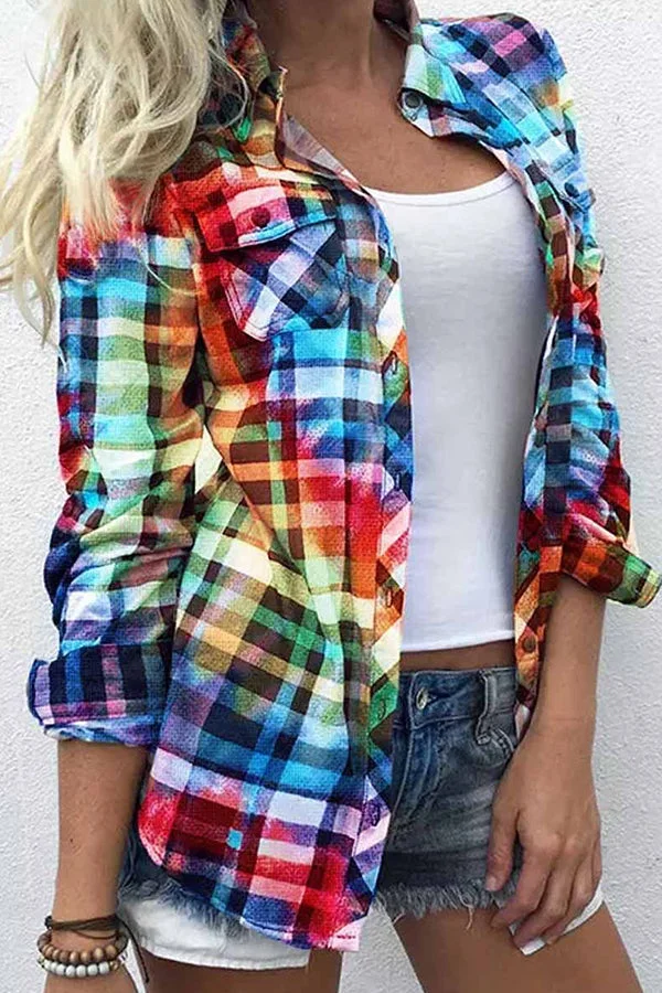 Plaid Pocket Turn-Down Collar Shirt