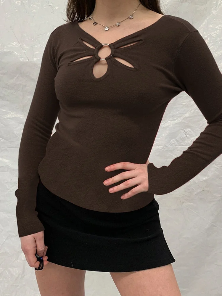 Rapcopter Y2K Floral Metal Crop Top Full Sleeve Casual Basic Pullovers Harajuku Cute T Shirt Women Vintage 90s Aesthetic Clothes