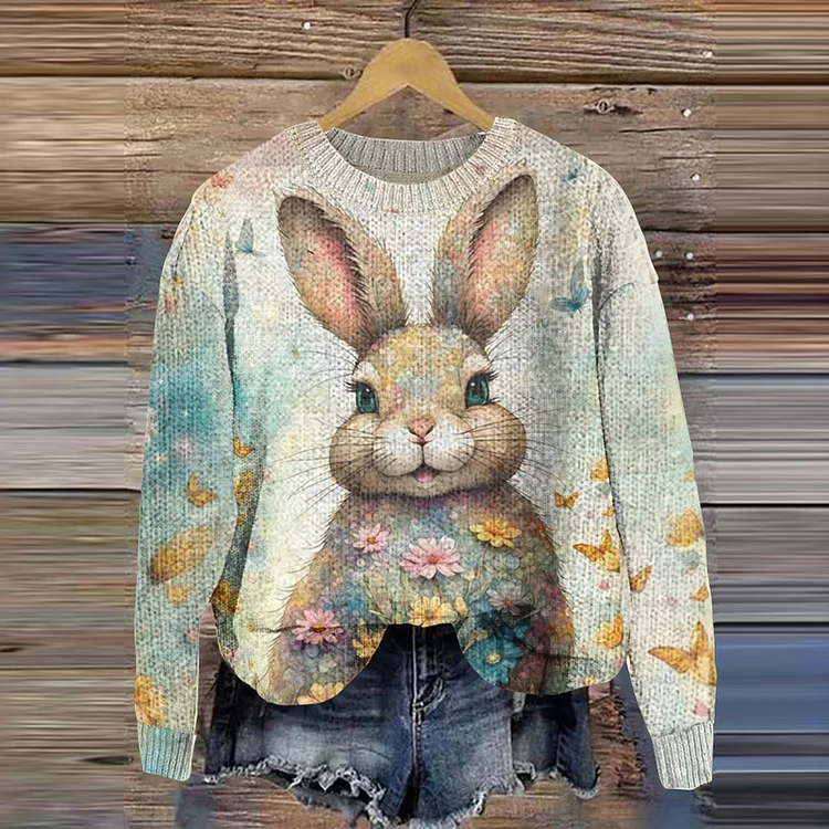 VChics Fashionable Floral Rabbit Pattern Knitted Sweater