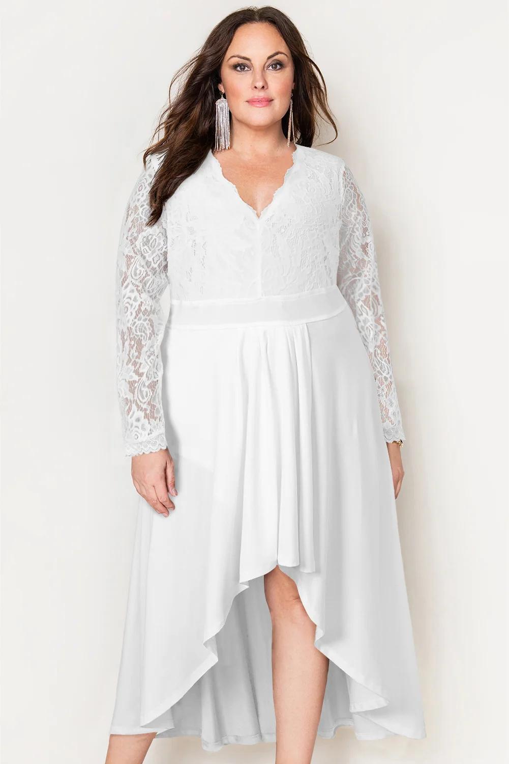 White Plus Size High-Low Lace Contrast Evening Dress | IFYHOME