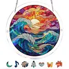 (18.5cm)DIY Acrylic Jigsaw Puzzle Window Hanging with Hanging Chain DIY Stained Glass Decoration Round Window Puzzle Decor for DIY Craft Project (Stained Glass Sea Wave)