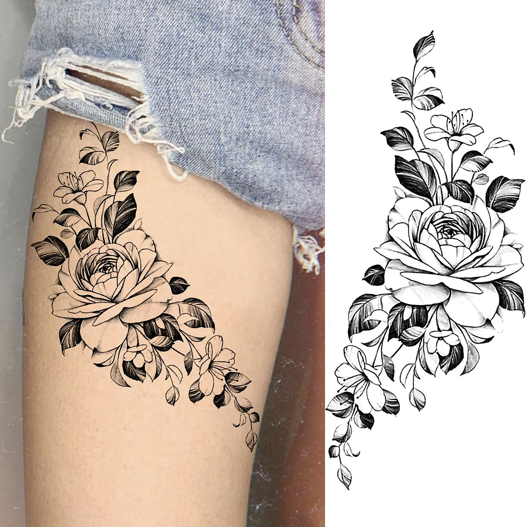 Black Rose Flower Snake Temporary Tattoos For Women Adult Peony Serpent Fake Tattoo Forearm Body Art Painting Waterproof Tatoos