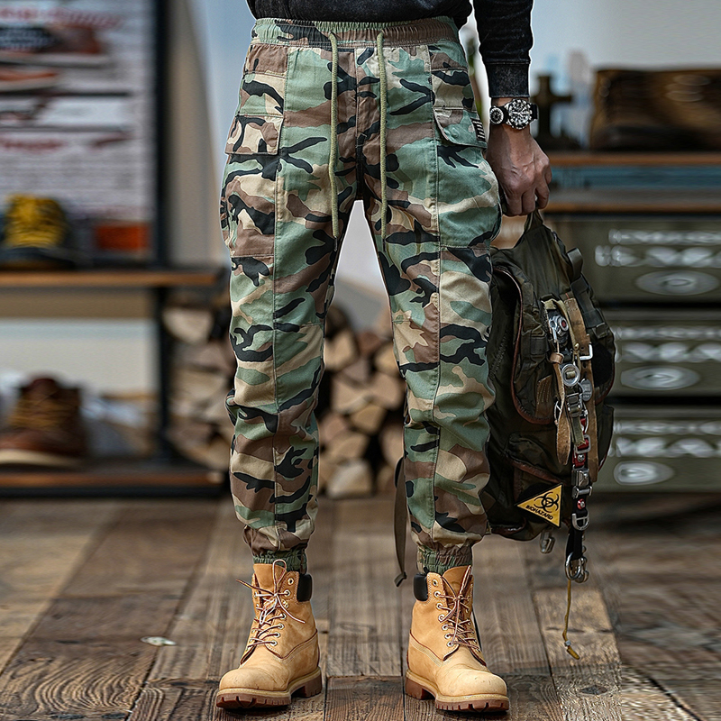 Retro Camouflage Workwear Elastic Waist Slim Fit Thin Pants