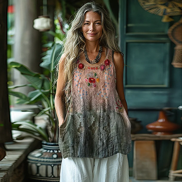 Utbros Vintage Floral Print Linen Blend Sleeveless Tank Top