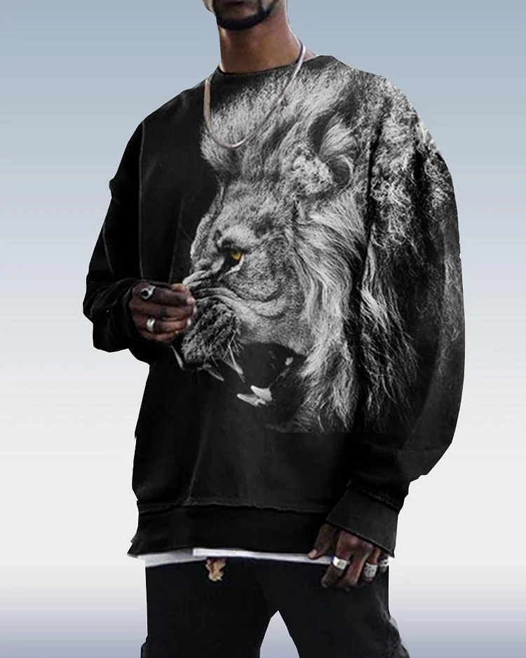 Men's Crewneck Lion Printed Long Sleeve Sweatshirt