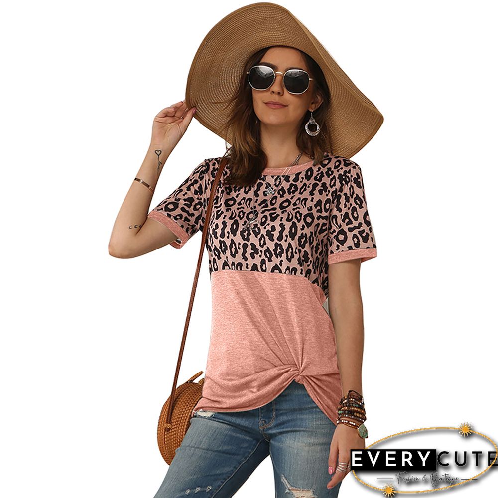Pink Twist Front Color Block Leopard Tees