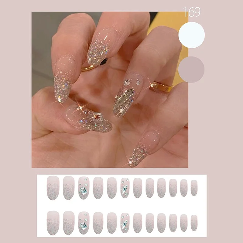 24PCS Fashionable Pink Metal Fake Nail press on Wearable Square Shape Glue model Decorated Finished Fake Nail with glue Product-Nail Inspo