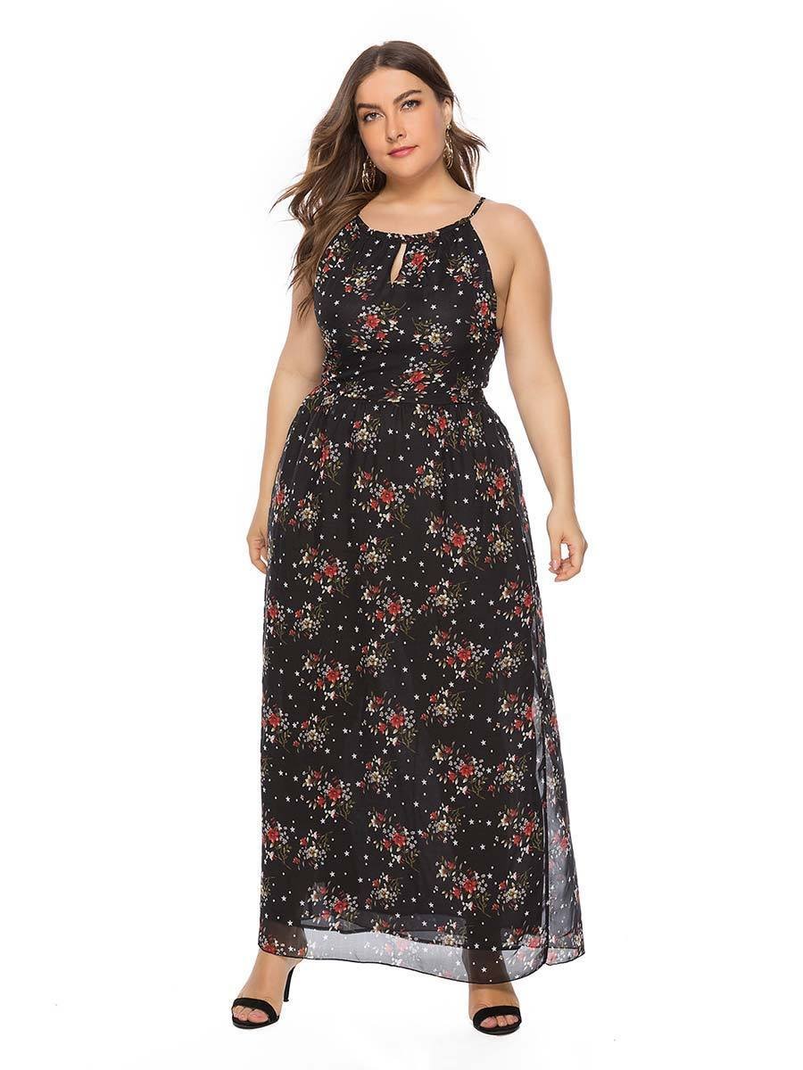 Plus Size Dress Bohemian Style Sleeveless Chiffon Print Maxi Dress