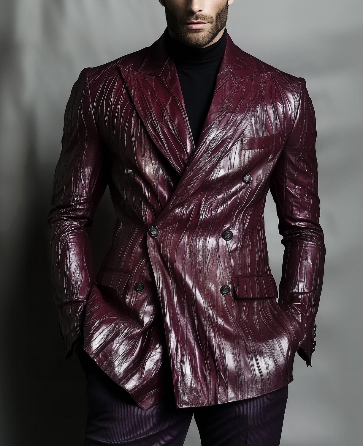 Okaywear Wrinkled PU Leather Peak Lapel Double Breasted Blazer