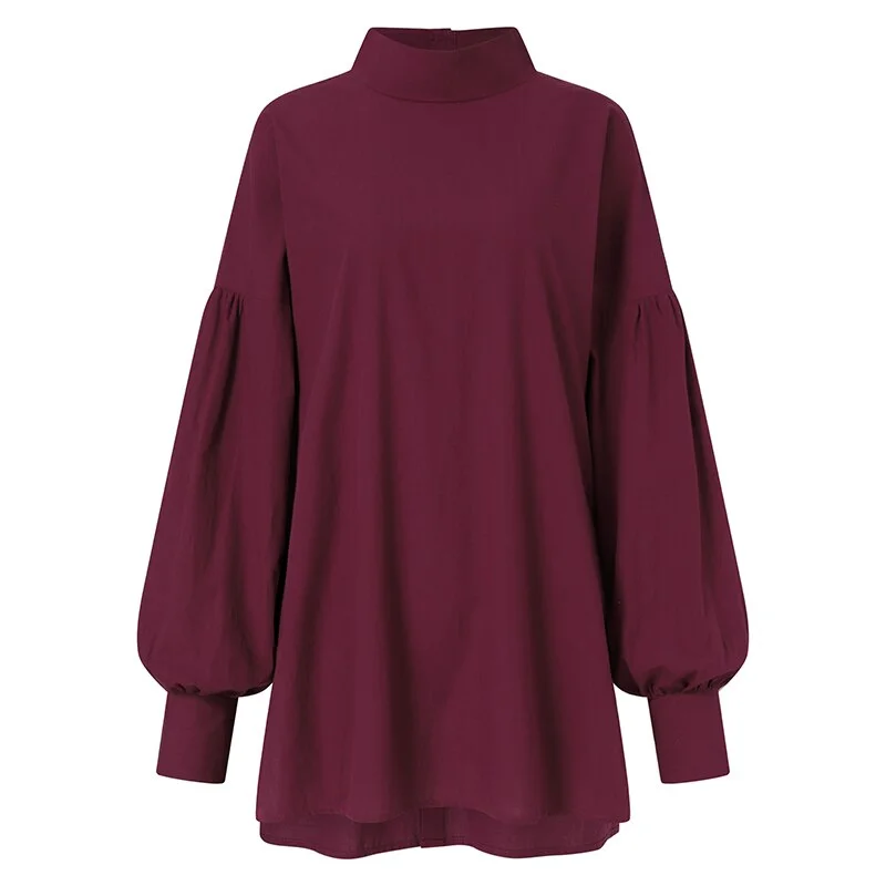 ZANZEA 2022 Stylish Spring Top Women Asymmetrical Blouses Casual Puff Sleeve Blusas Female Turtleneck Top  Solid Tunic