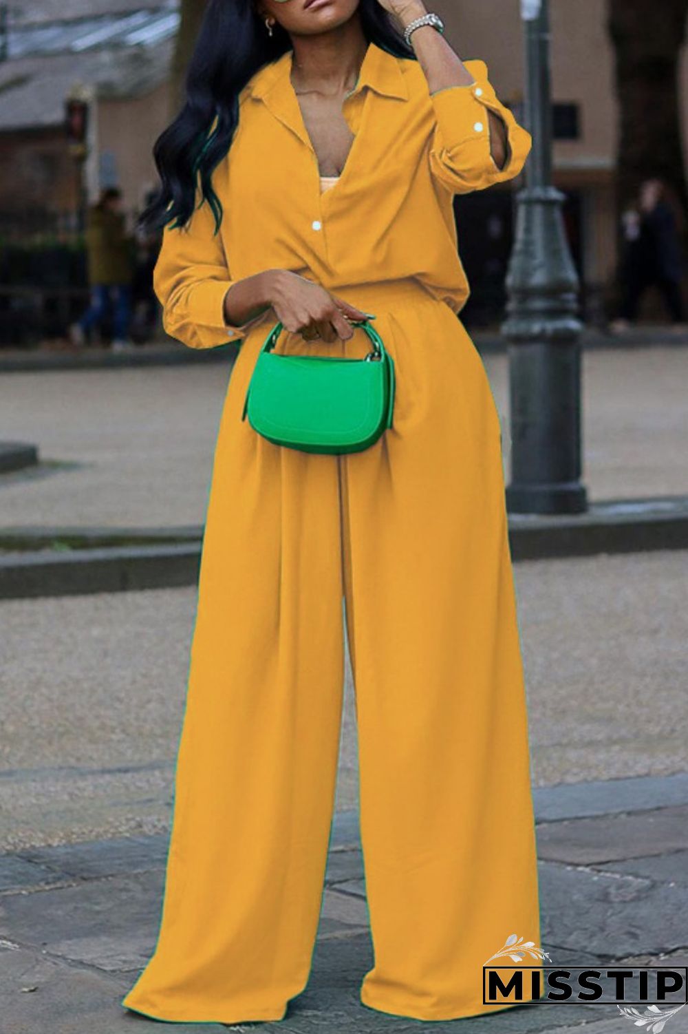 Green Casual Solid Patchwork Shirt Collar Long Sleeve Two Pieces