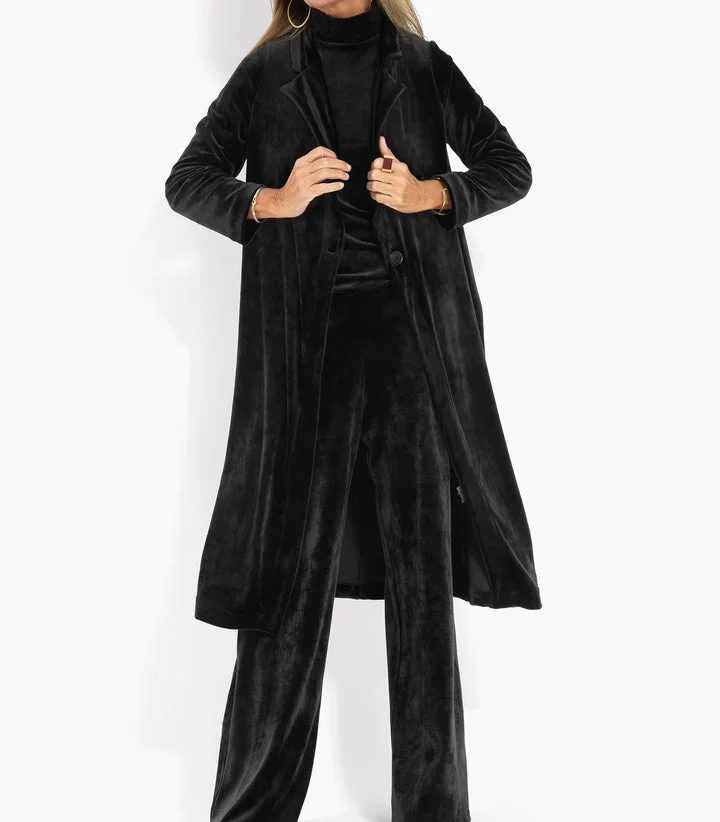 Casual Black Velvet Suit Long Cardigan