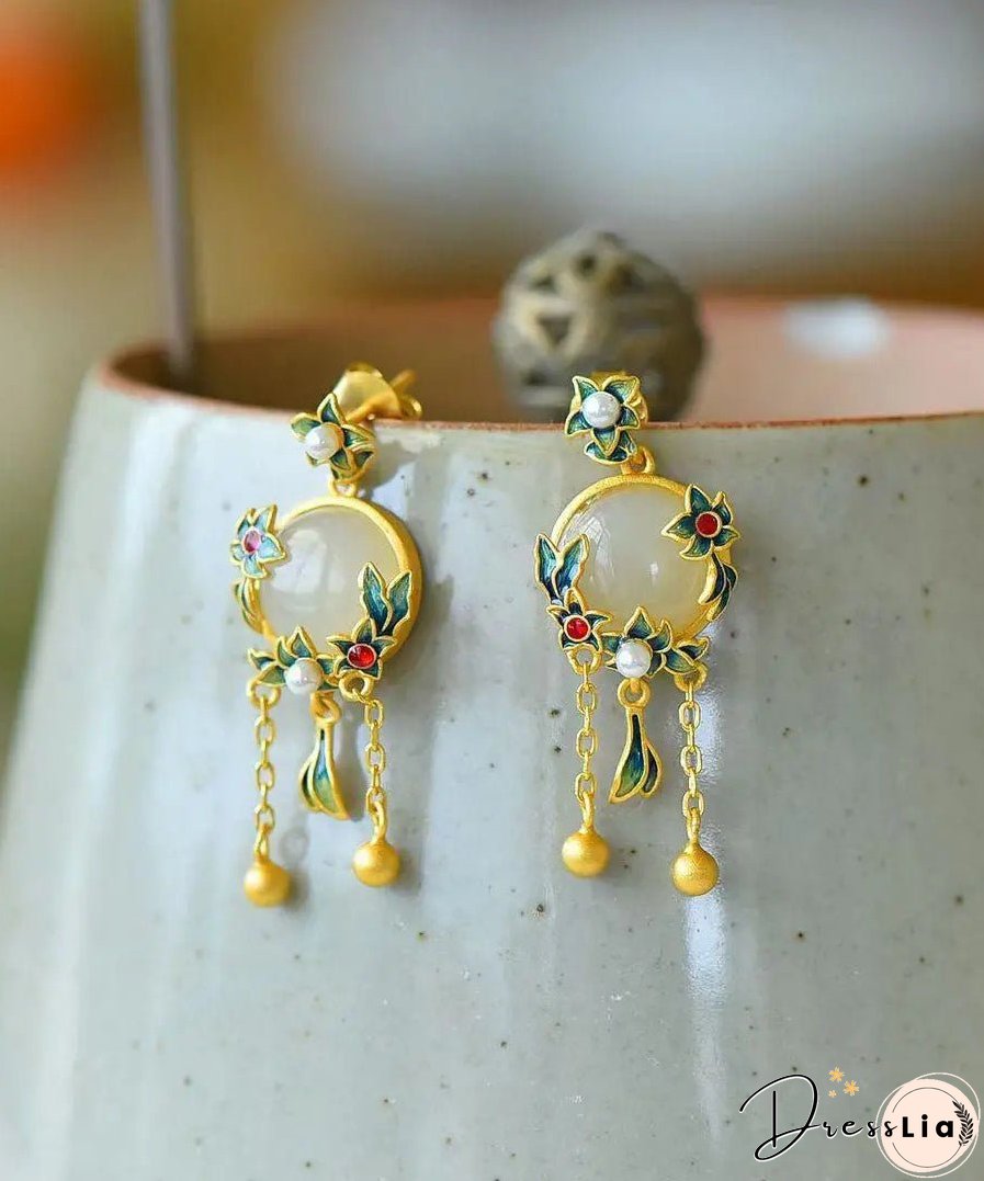 Modern Green Floral Sterling Silver Inlaid Hetian Jade Agate Pearl Drop Earrings