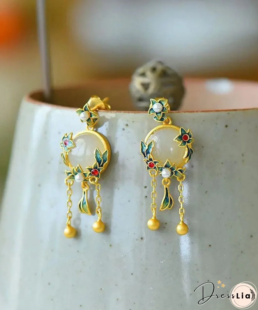 Modern Green Floral Sterling Silver Inlaid Hetian Jade Agate Pearl Drop Earrings