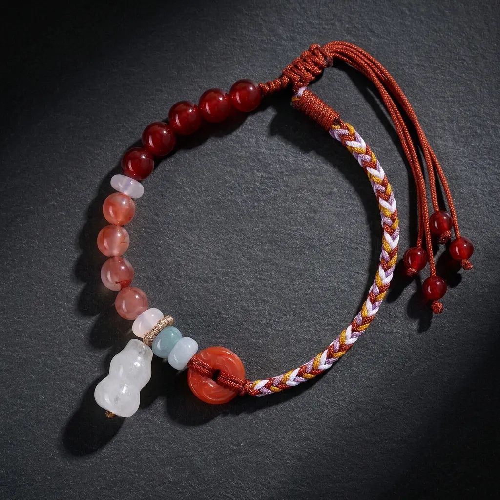 JiStones Heritage Red Agate & White Chalcedony Gourd Hand-Woven Bracelet Crimson Glow & Pure Chalcedony