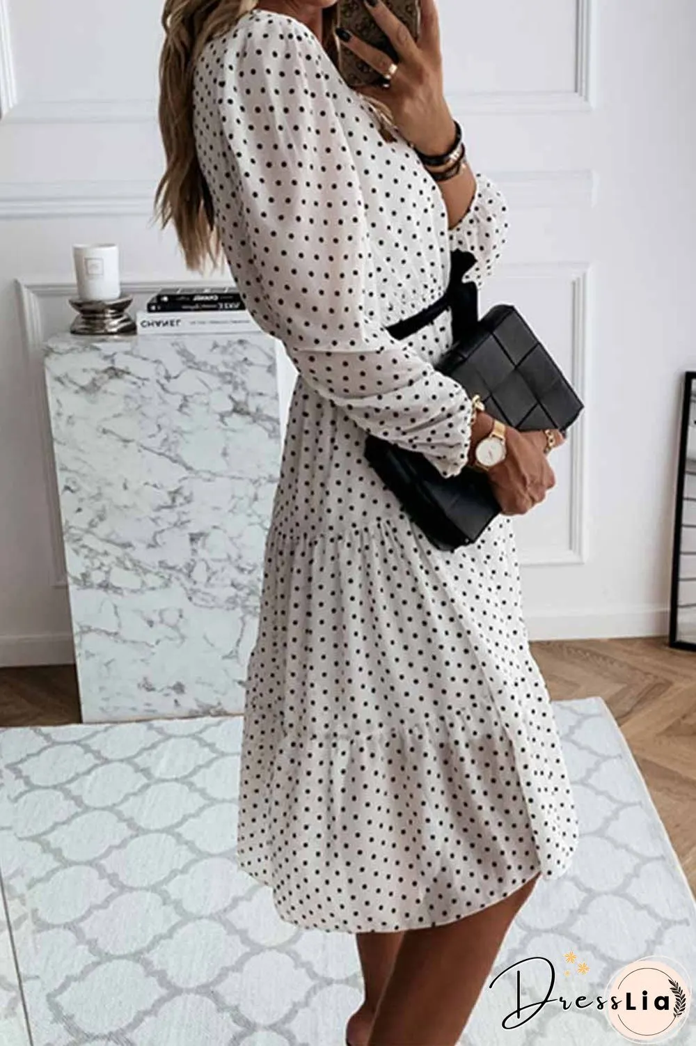 Elegant White Black Dot Print Round Neck Tie Midi Dress