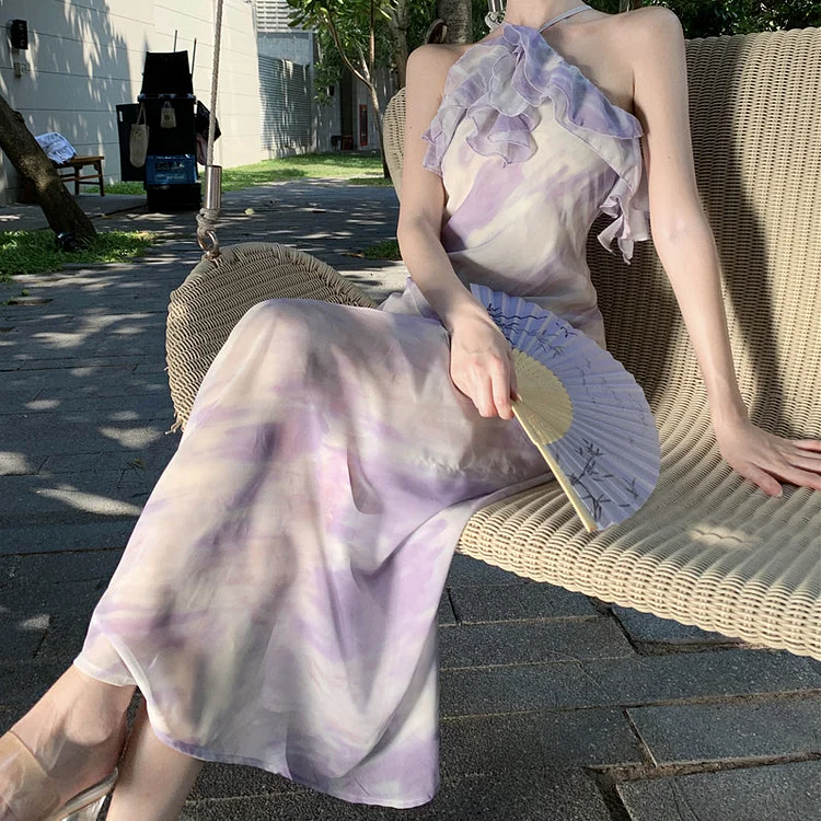 Printed Lotus Leaf Collar Halter Dress For Seaside Vacation