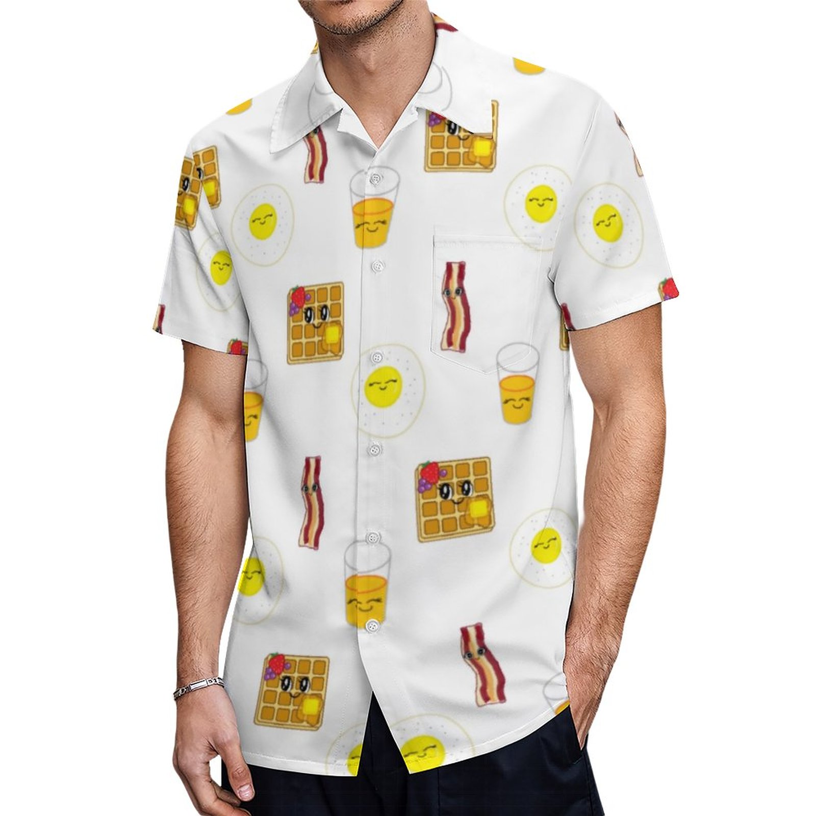 Breakfast Food Fried Eggs Waffles Bacon Hawaiian Shirt Mens Button Down Plus Size Tropical Hawaii Beach Shirts