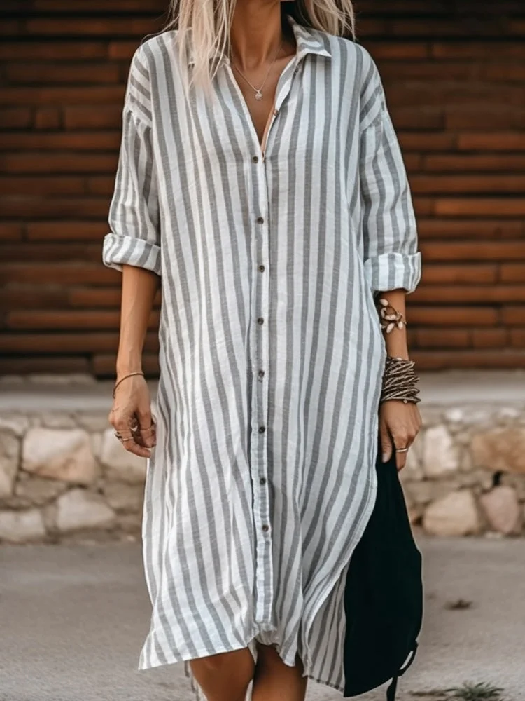 Striped Knee Length Shirt Dress 1025