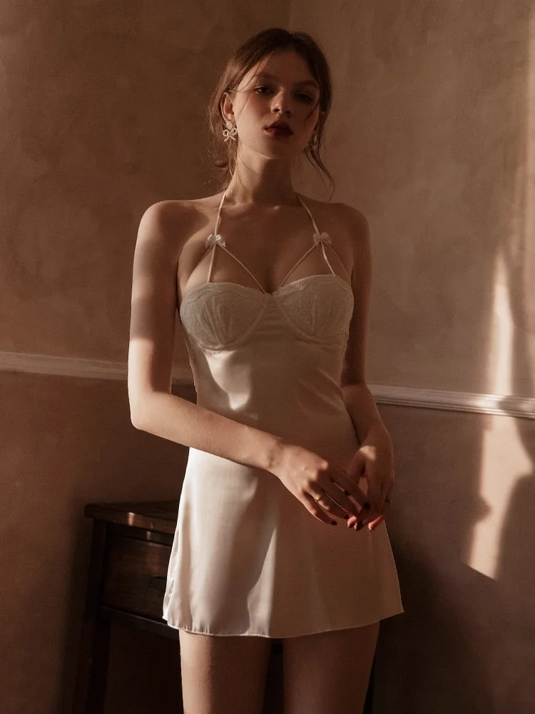 Summer Womens Sleepwear Cutout Lace V-Neck Nightdress with Chest Pad Back Slit Silky Pajamas Comfortable Bifurcation Nightwear