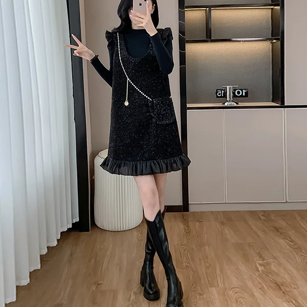 超人気 無地 長袖 ファッション トップス+配色 ワンピース ２点セットアップ