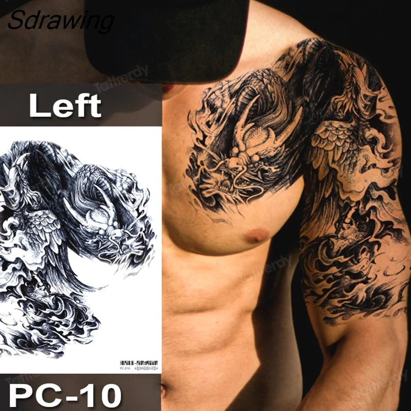 Sdrawing Fox Totem Dragon Waterproof Temporary Tattoos Body Art Arm Shoulder Chest Tattoo Sticker Black Tatouage Men Adult Large
