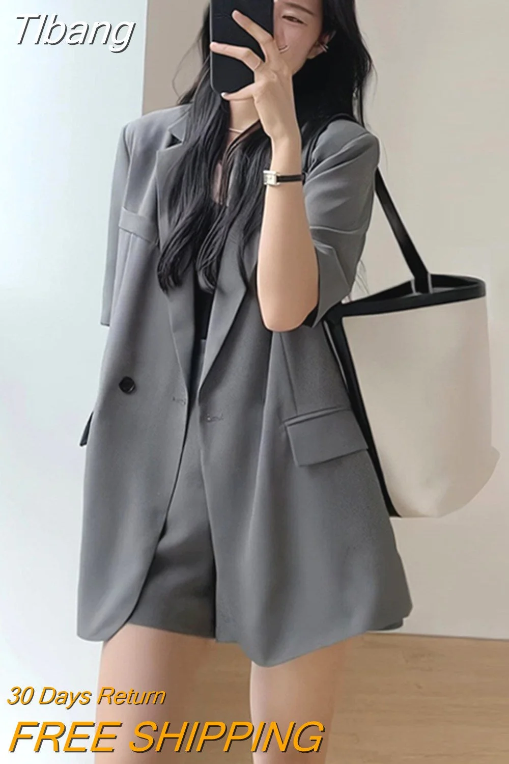 Tlbang Summer Retro Korean Version of the Temperament Short-sleeved Suit Jacket + Shorts Set Casual Loose Suit Two-piece Female