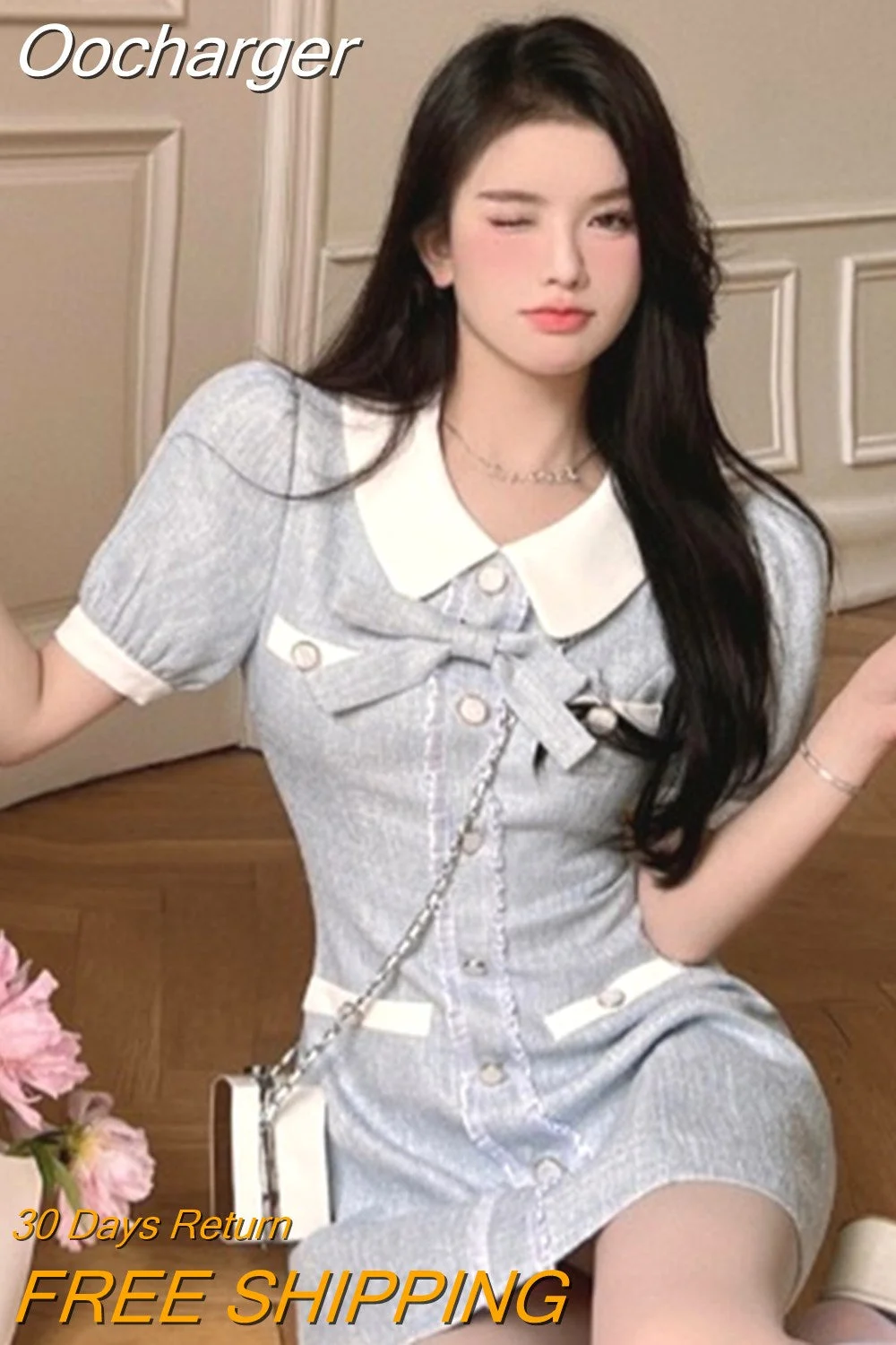 Oocharger Summer Blue Mini Dresses Contrast Color Korean Fashion Peter Pan Collar Bow Vestidos Elegant Retro Women Dress