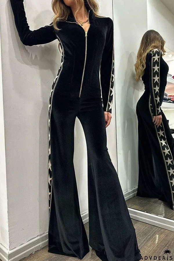 Long-sleeved velvet jumpsuit with zipper