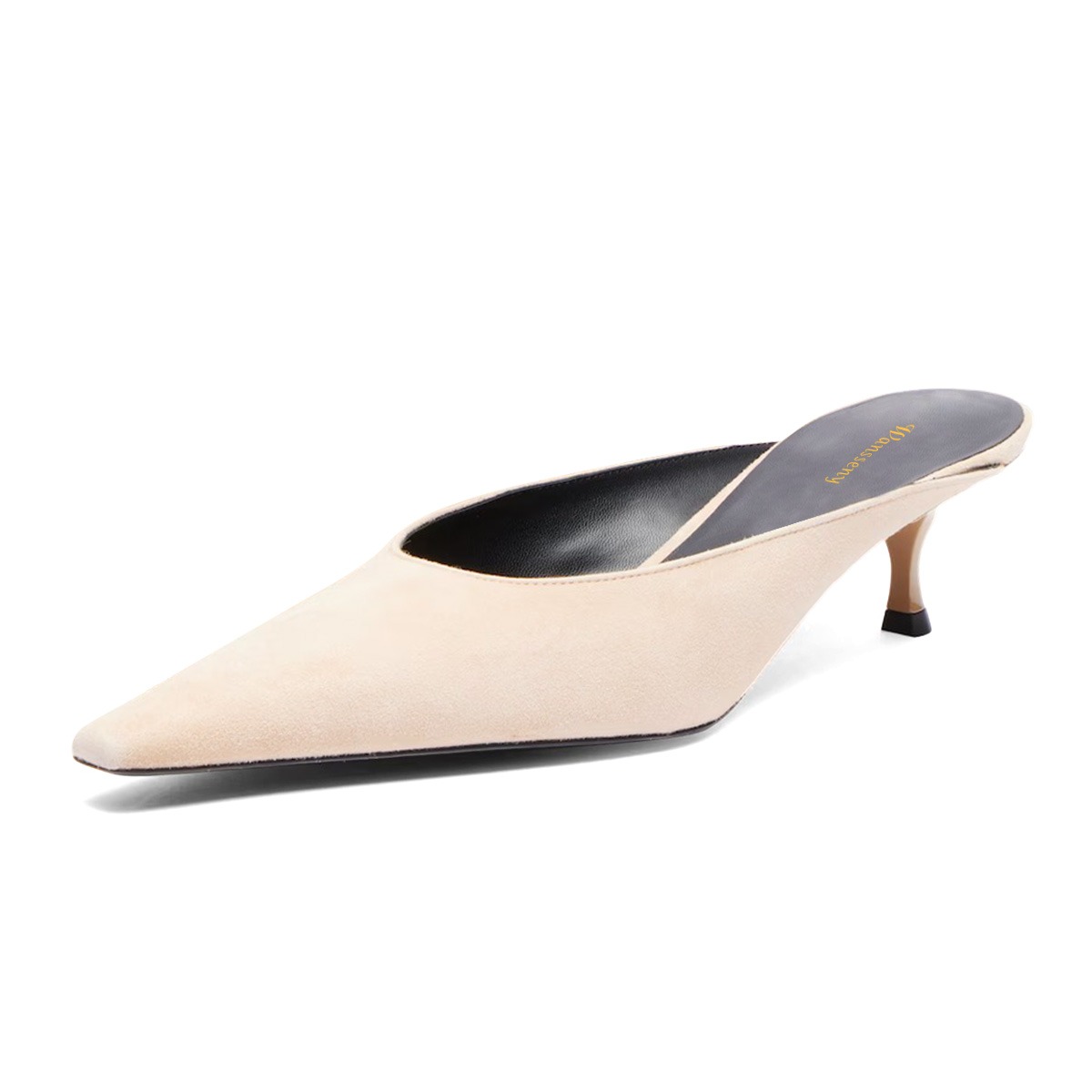 Beige Pointed Toe Slip-On Kitten Heel Vegan Suede Mules Shoes Nicepairs