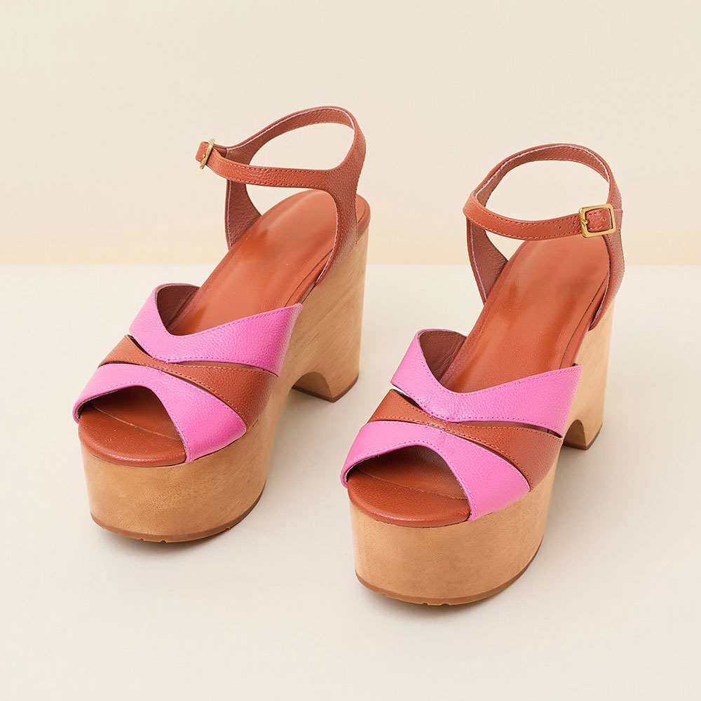 Cute Pink & Brown Ankle Strap Block Heel Platform Sandals for Women Nicepairs
