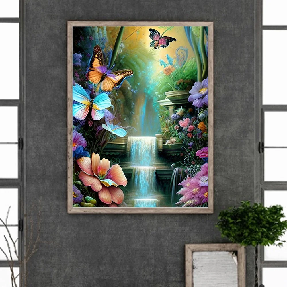 Diamond Painting - Full Round Drill - Flower Butterfly Waterfall(30*40cm)