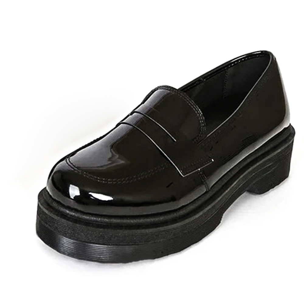 Classic Black Round Toe Patent Leather Chunky Loafers for Women Nicepairs