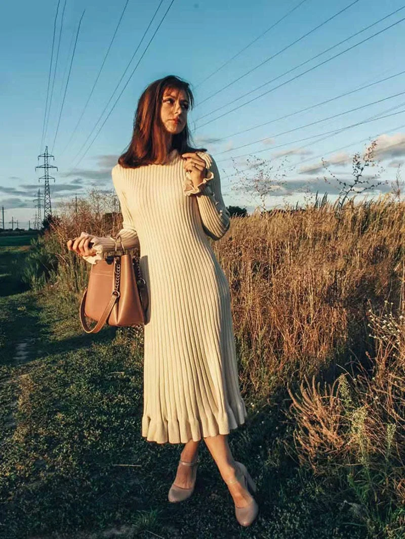 Ezsskj autumn winter thick mermaid maxi sweater dress women o-neck long sweater dress elegant female a-line slim sexy knit dress