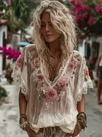 Women's Retro Boho Pink Floral Lace Art Linen Short-sleeve Top