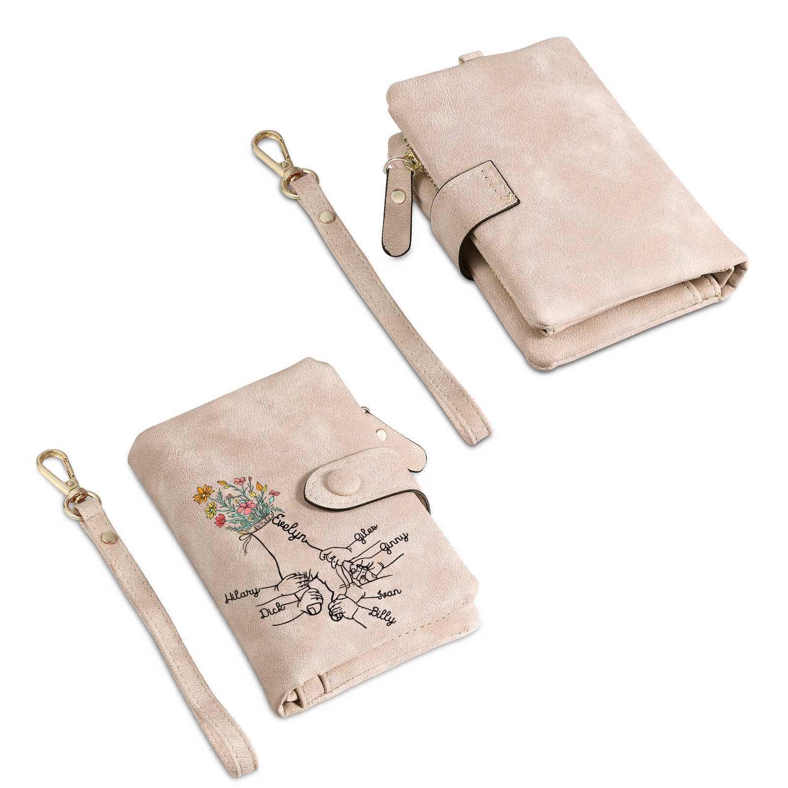 Portafoglio in PU pelle fiore mano con 7 nomi personalizzati per mamma/nonna