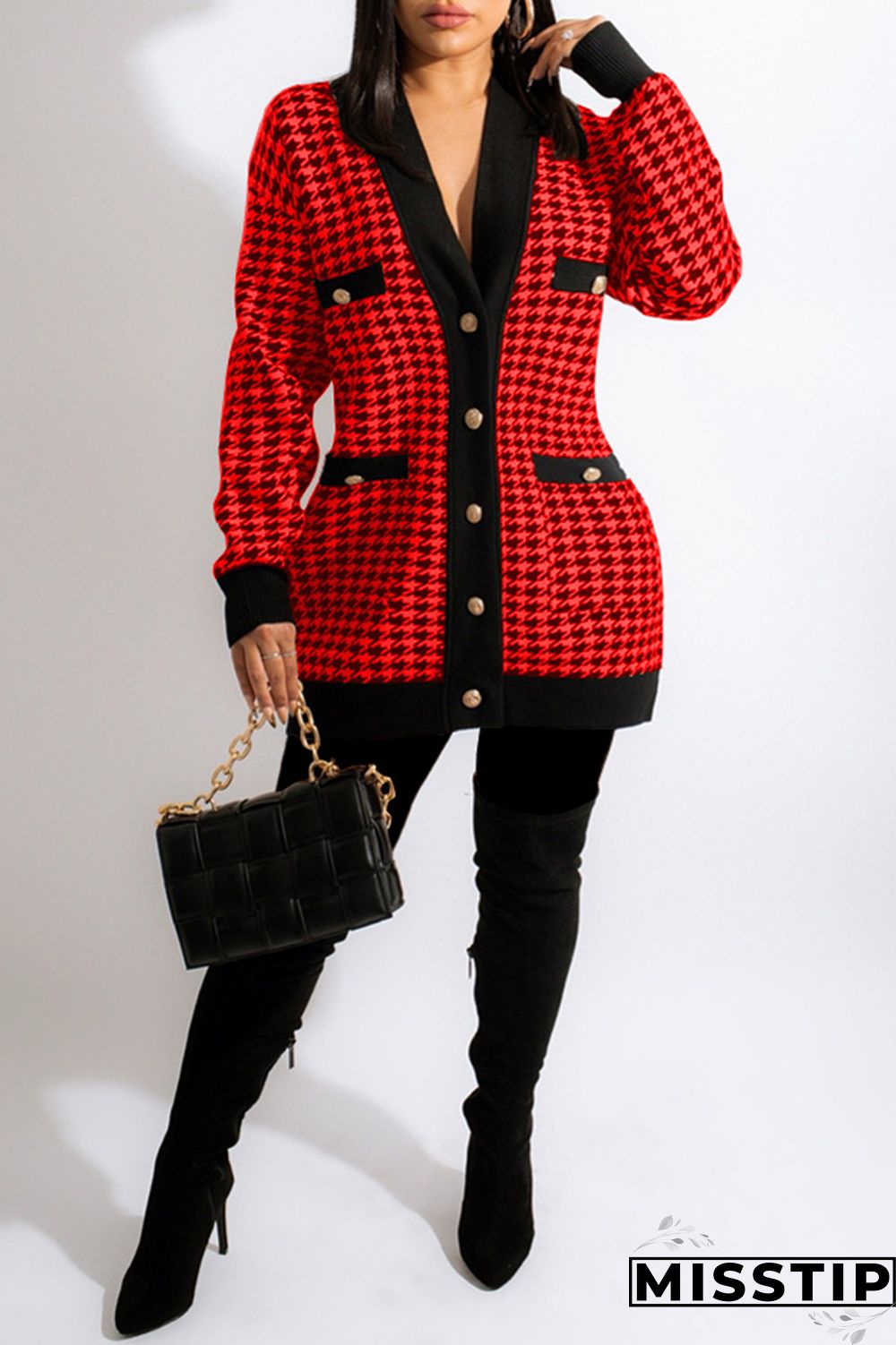 Red Fashion Casual Print Patchwork Cardigan V Neck Outerwear