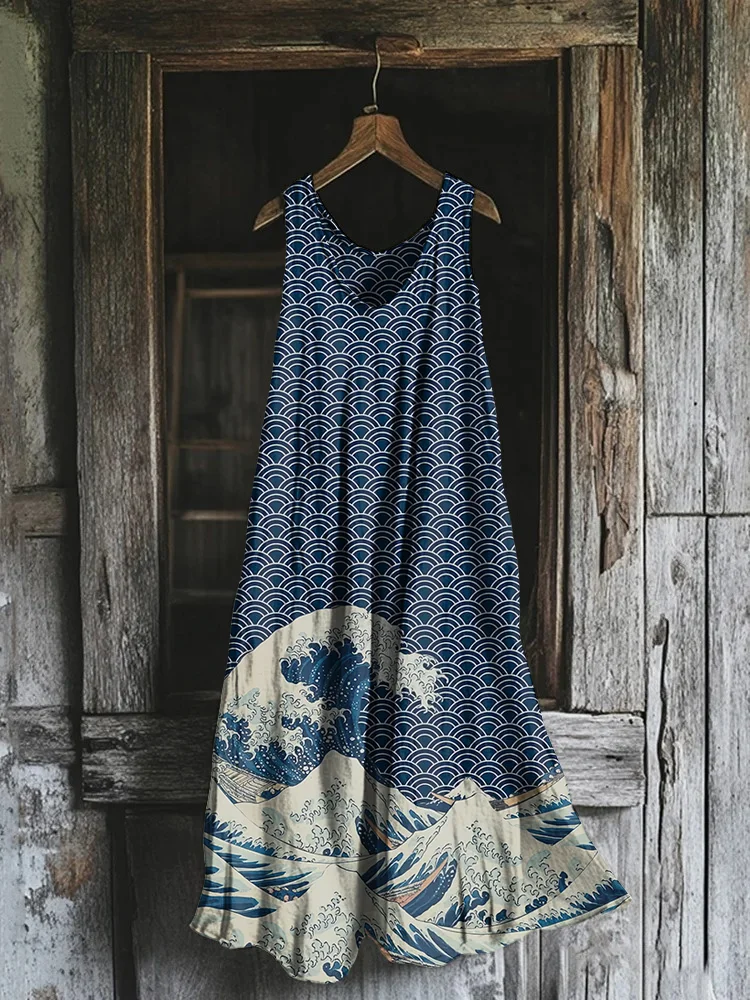 Vintage Sea Waves Art Cotton Linen Comfy Tank Dress