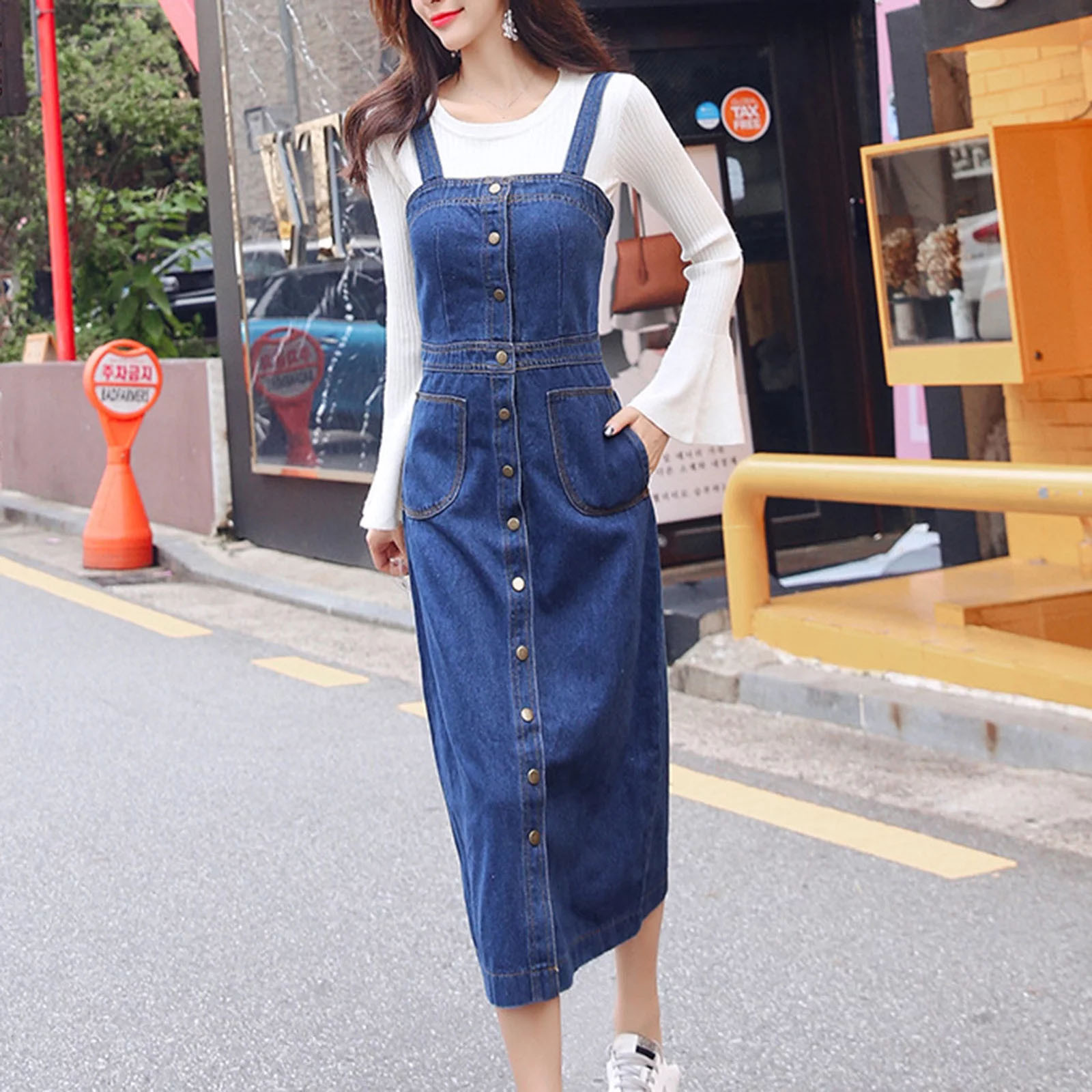 Women Summer Casual Denim Dress Single Breasted Vintage Denim Long Dress Slim Fit Casual Strap Dresses