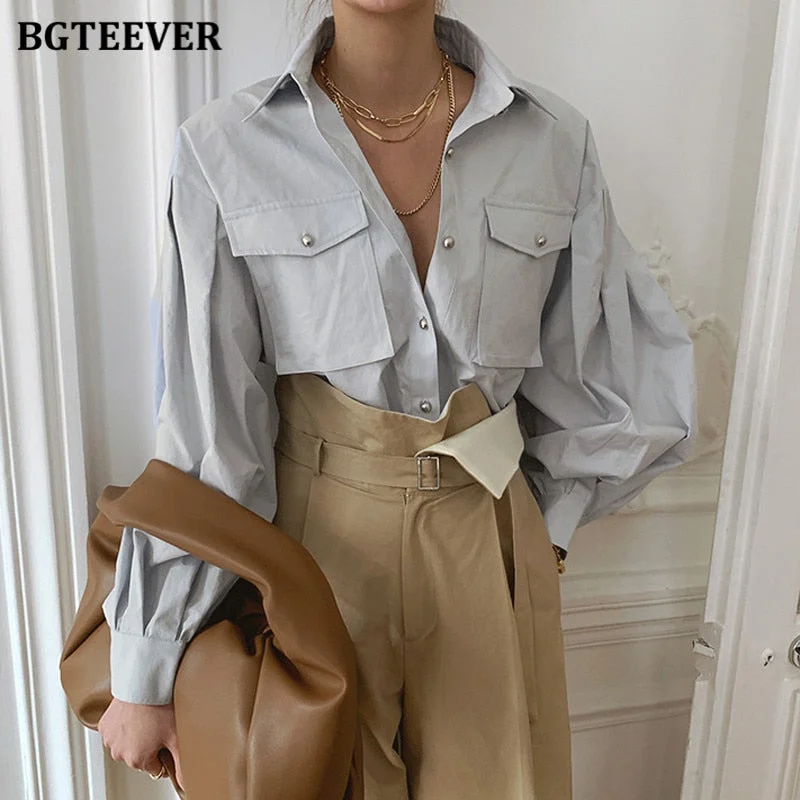 BGTEEVER Chic Elegant Loose Single-breasted Shirts for Women 2020 Autumn New Fashion Full Sleeve Pockets Female Blouse Tops