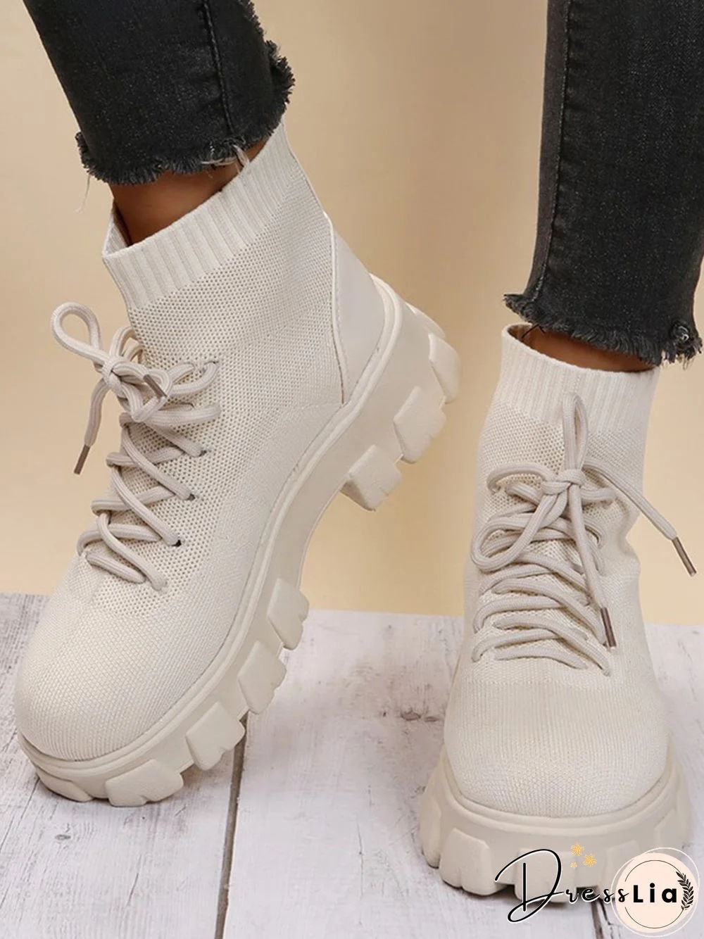 Versatile Platform Lace-Up Casual Black Short Flyknit Sock Boots