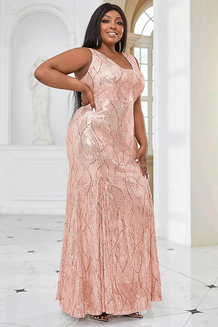 Plus Size Pink Formal V-neck Sleeveless Sequin Mermaid Peplum Maxi Dresses  [Pre-Order]