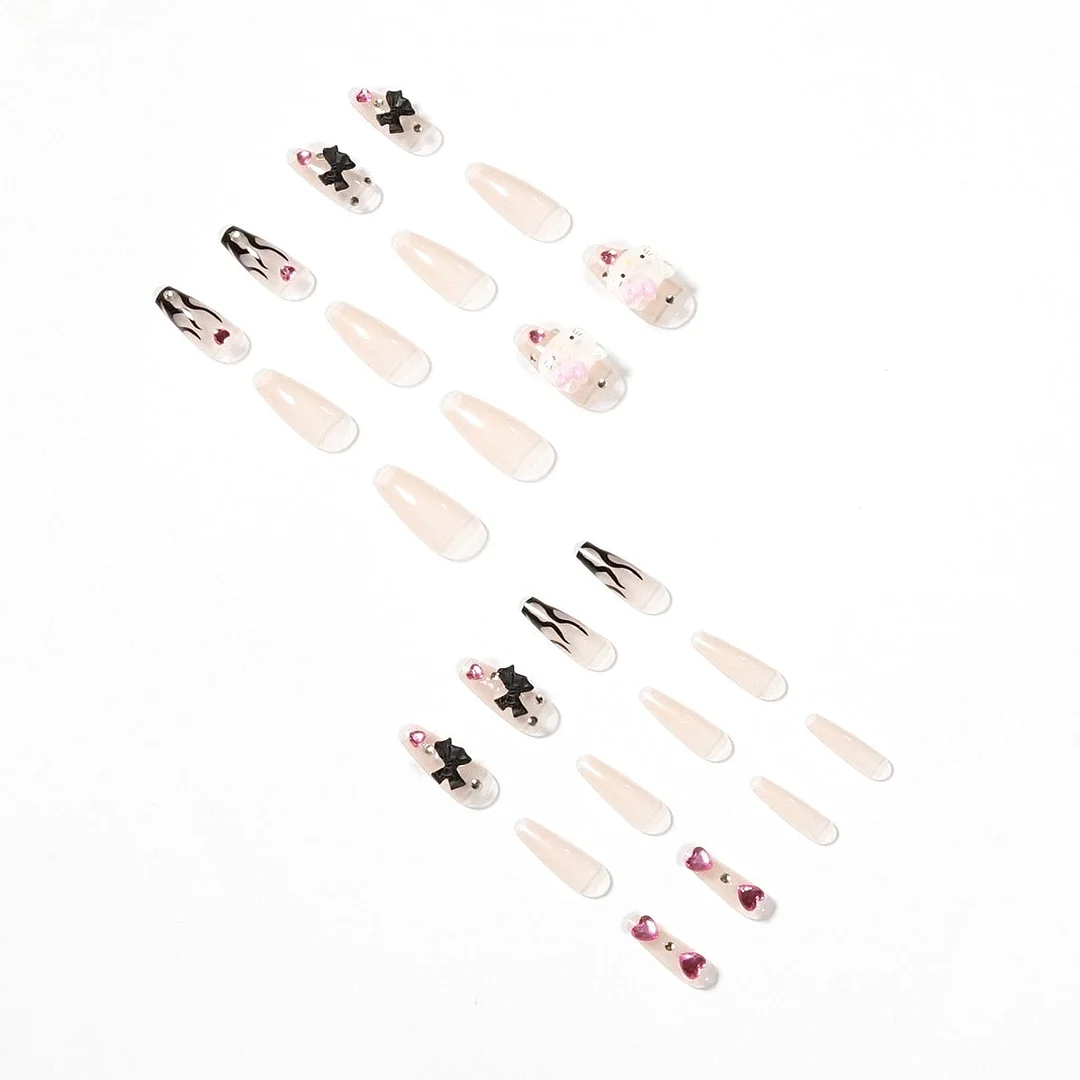 24 Pcs Detachable Long Coffin Fake Nails Black Flame Design Fake Nail Full Cover Fake Nail For Girls-Nail Inspo