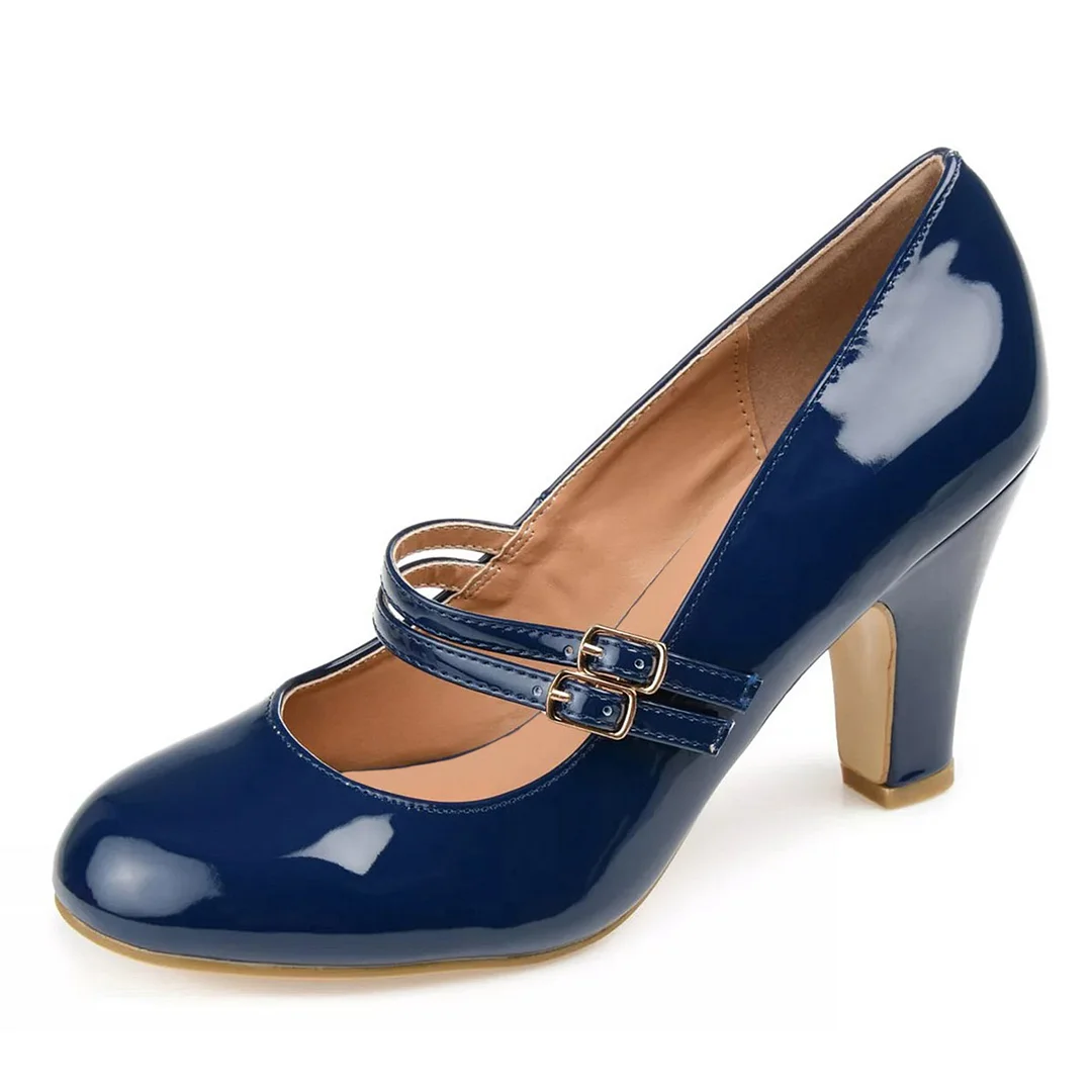 Navy Cute Round Toe Double Buckle Strap Chunky Heeled Mary Janes